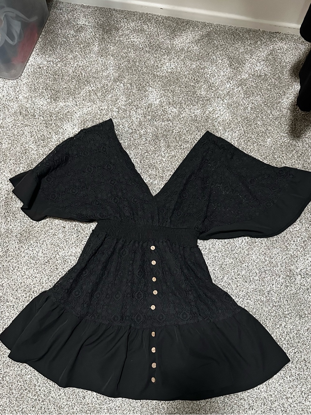 Black V-Neck Lace Button Front Mini Dress
